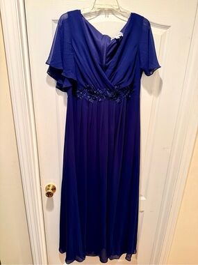 Ever Pretty Deep Blue Chiffon Maxi Dress with Floral Beaded Waist